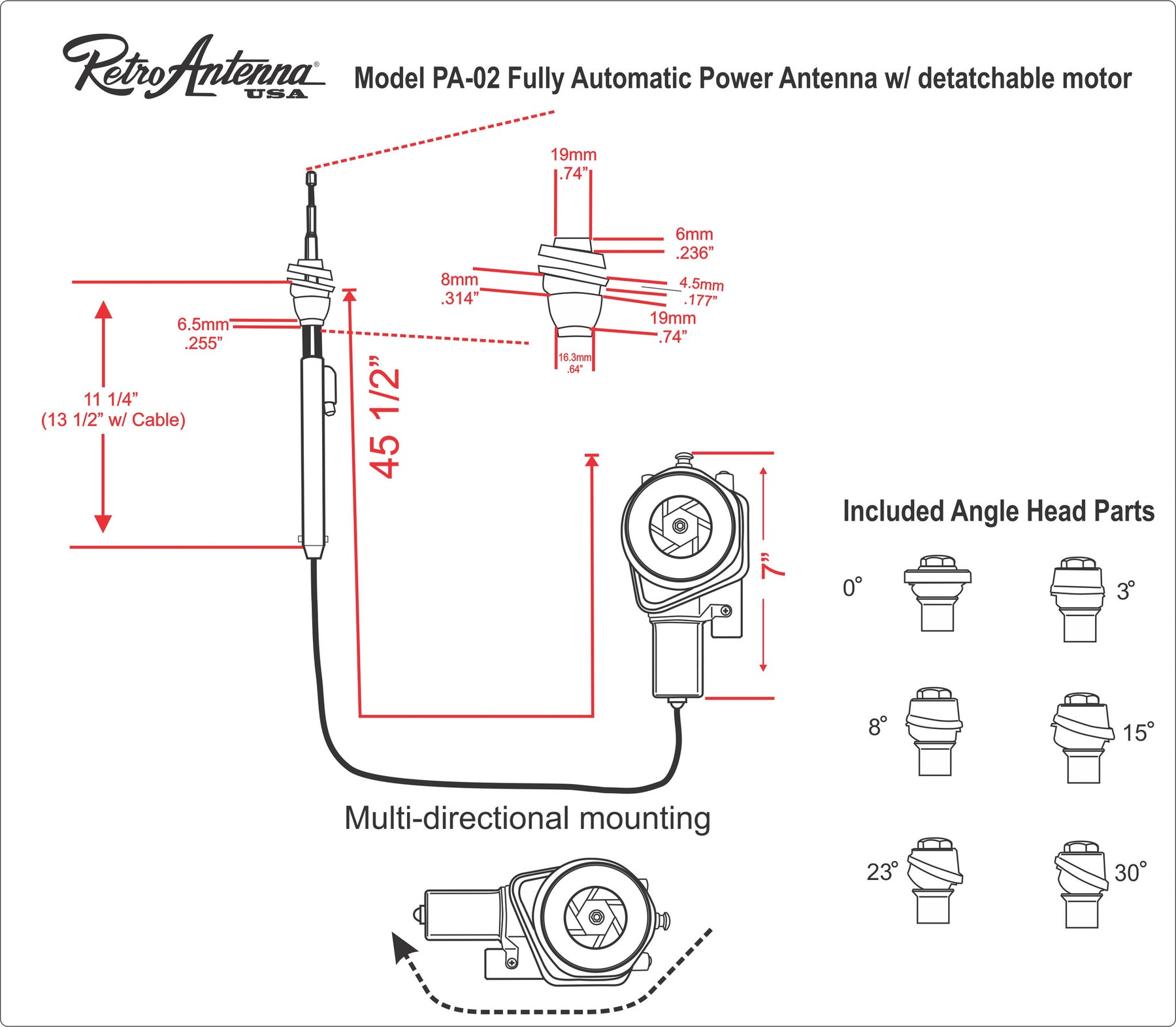 Retro Manufacturing PA03B Miniature Fully Automatic Power Antenna - Black
